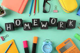 Green background, various office supplies, "Homework" in the middle