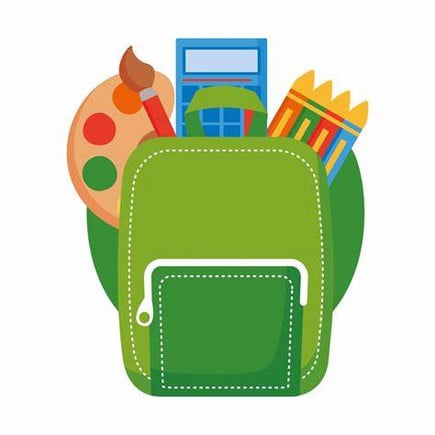 Green backpack with school supplies inside