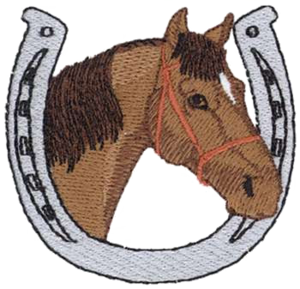 Equestrian Team logo of grey horseshoe around a brown horse head.